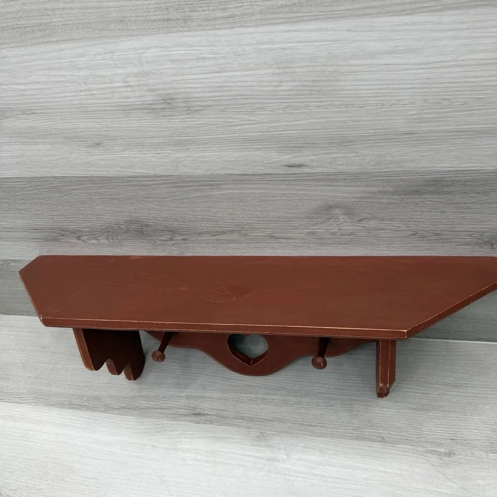 Wood Heart Shelf Wall Hanging Peg Hooks Barn Red Cottagecore Farmhouse